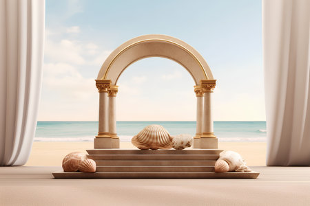 3d render of a golden arch with seashells on the sandの素材