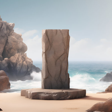 Stone podium on the beach in the ocean. 3d render illustrationの素材