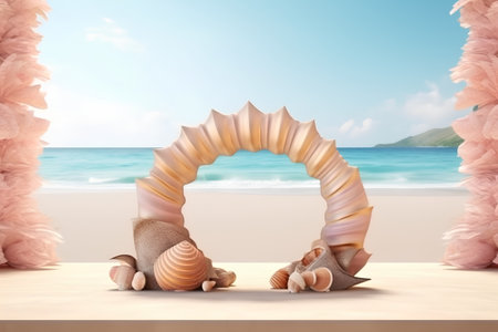 Conceptual image of summer vacation with seashells on tableの素材
