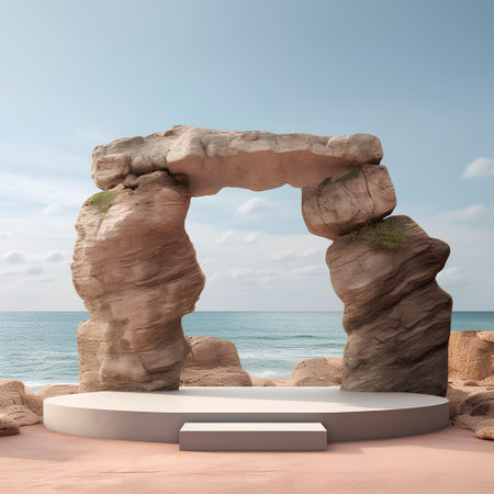 3d render of stone arch on the beach and blue sky backgroundの素材