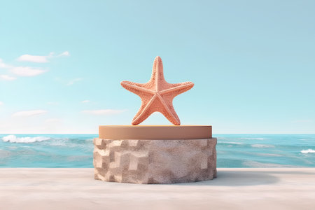Starfish on a stone pedestal on the beach. 3d renderの素材