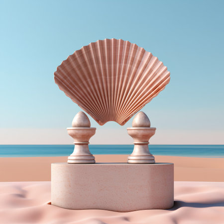 Seashells on the beach. 3D rendering illustration.の素材