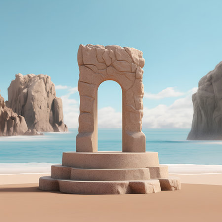 Stone arch on the seashore. 3d render illustration.の素材