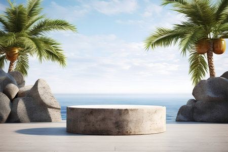 3D render of a stone podium and palm trees on the seashoreの素材