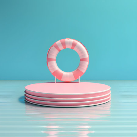 3d render of pink podium with lifebuoy floating in waterの素材