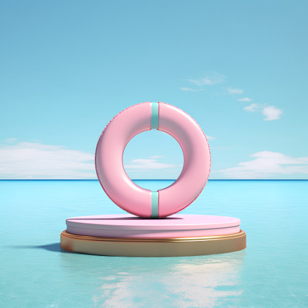 3d rendering of a pink lifebuoy in the sea.の素材