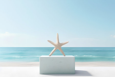 Starfish on white podium with sea background. 3D Renderingの素材