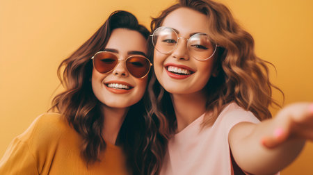 portrait of smiling women in sunglasses pointing at camera isolated on yellowの素材