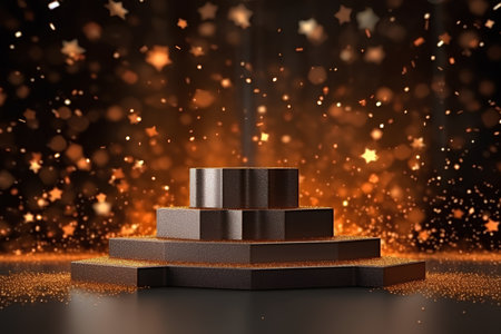 stylized golden podium on a dark background with sparks and starsの素材