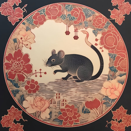 Chinese New Year card with rat and flowers. Zodiac sign.の素材