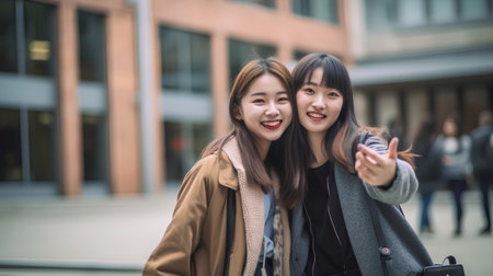 Two young beautiful asian women walking in the city and smile happilyの素材