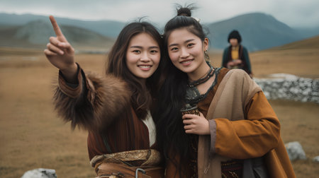 Two asian women wearing traditional clothes in the highlands of Mongoliaの素材