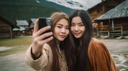 Two asian women taking a selfie in front of a mountain hutの素材