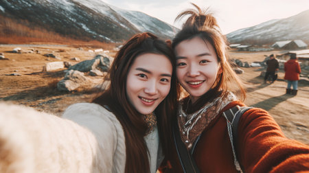 Two young Asian women taking a selfie on the background of mountains.の素材