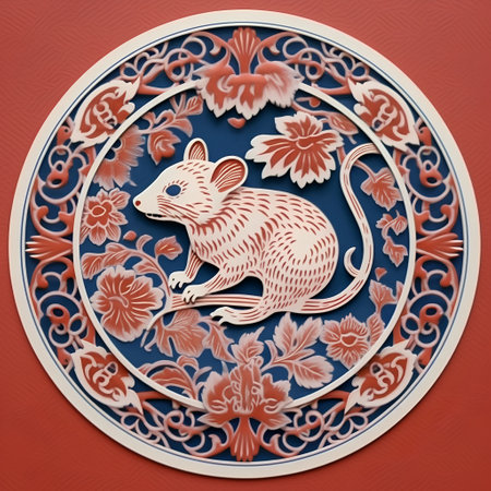 Chinese paper-cut rat with floral ornament on the wall, closeup of photoの素材