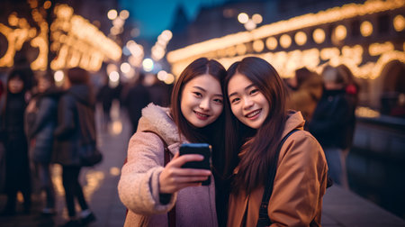Two happy young asian women taking selfie with smartphone in city at nightの素材