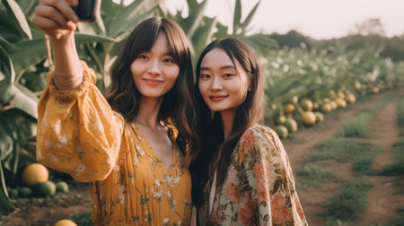 Two asian women take a selfie in the orange orchard.の素材