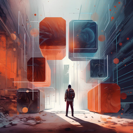 Man with backpack standing in abstract interior with geometric shapes. 3D Renderingの素材