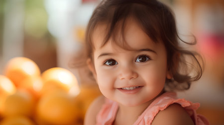 Portrait of a cute little girl in the kitchen. Selective focus.の素材