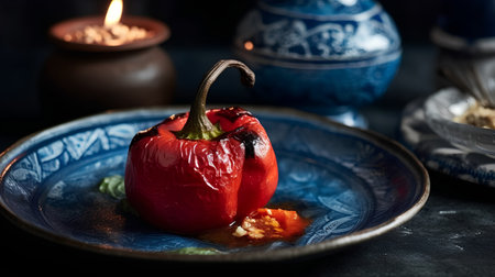 Baked red bell pepper stuffed with minced meat and rice on blue plateの素材