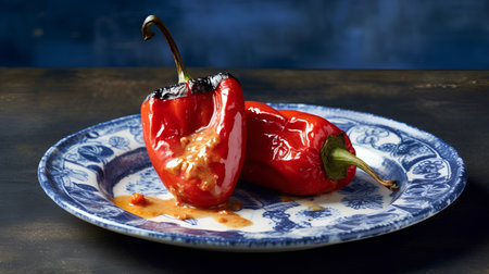 Baked red bell peppers stuffed with meat and rice on a plateの素材