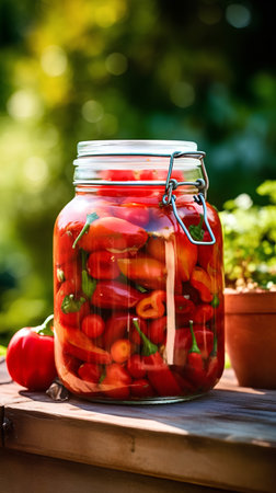 Pickled red hot chili peppers in a glass jar on a wooden tableの素材