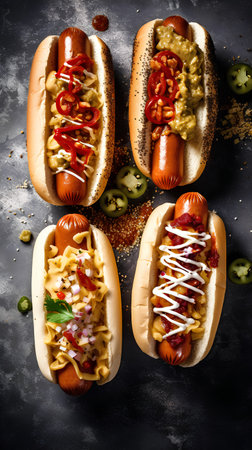 Hot dogs with mustard, kiwi and ketchup on black backgroundの素材