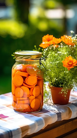 Preserved carrots in a glass jar on a table in the gardenの素材