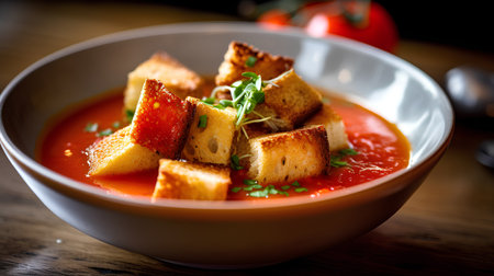 Tomato soup with croutons in a bowl on wooden tableの素材