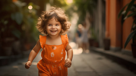 Little girl in orange dress running on the street in summer day.の素材