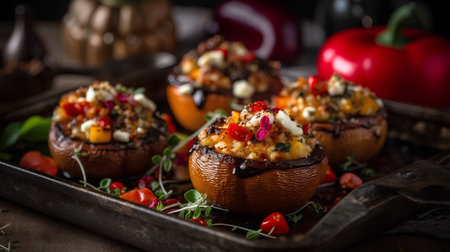 Stuffed eggplants with vegetables and feta cheese. Dark background.の素材