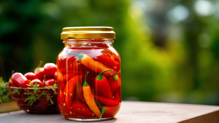 Homemade pickled red and yellow peppers in a glass jar on the table.の素材