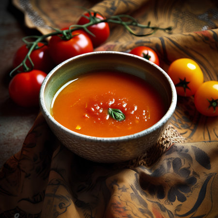 Tomato soup in a bowl on a wooden background, selective focus.