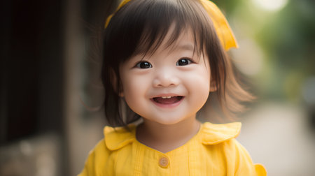 Cute asian child girl in yellow dress and yellow hat.の素材