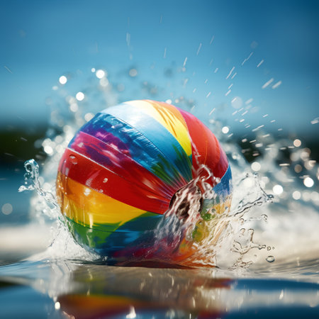 Colorful ball in water splashes on a background of blue skyの素材