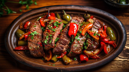Beef steaks with peppers and onions on a wooden table.の素材