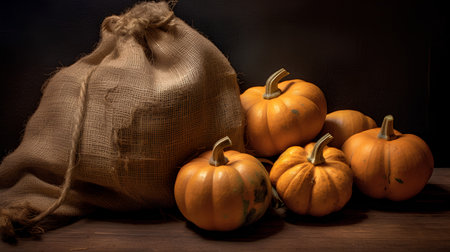 Pumpkins and jute bag on wooden background. Toned.の素材