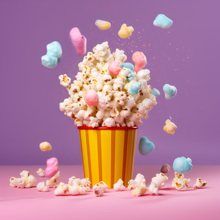 Popcorn flying out of a yellow box on a pink background. 3d renderingの素材