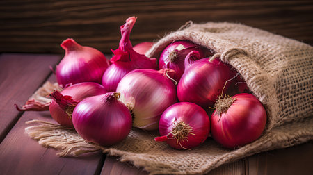 Red onions in a burlap bag on a wooden background. Selective focus.の素材