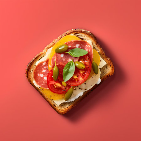 Open faced sandwich with salami, cheese, tomatoes and olives on red backgroundの素材
