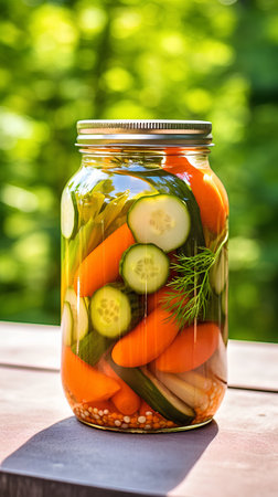 Preserved vegetables in a glass jar on a wooden table. Selective focus.の素材
