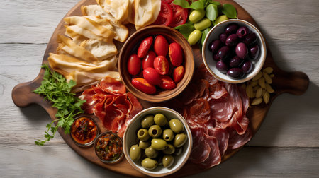 Antipasto platter with prosciutto crudo or jamon, parmesan cheese, olives and tomatoes on wooden backgroundの素材