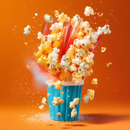 Popcorn falling out of the bucket on orange background. 3d renderingの素材