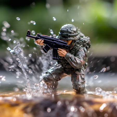 Closeup of toy soldier with assault rifle in water fountain.の素材
