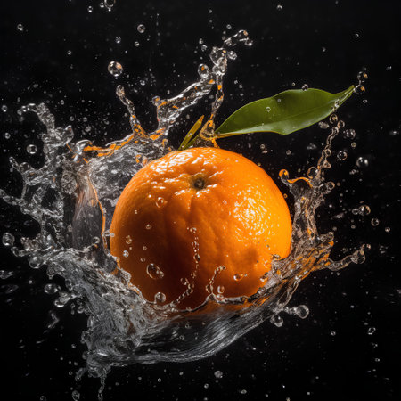 Fresh tangerine with water splash on a black background. Shallow depth of field.の素材