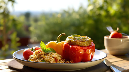Baked bell pepper stuffed with quinoa and grilled tomatoes on a plateの素材