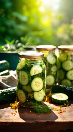 Homemade pickled cucumbers in a glass jar. Selective focus. nature.の素材