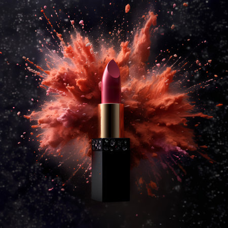 Red lipstick with explosion and splashes on black background. 3d illustrationの素材
