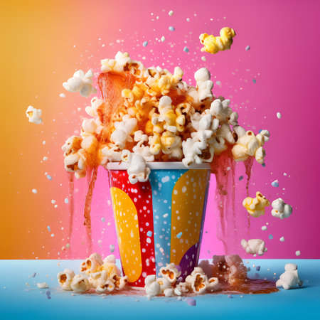 Popcorn in paper cup with splashes on colorful background. 3d renderingの素材