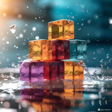 Abstract 3d illustration of colorful cubes with water drops on dark backgroundの素材